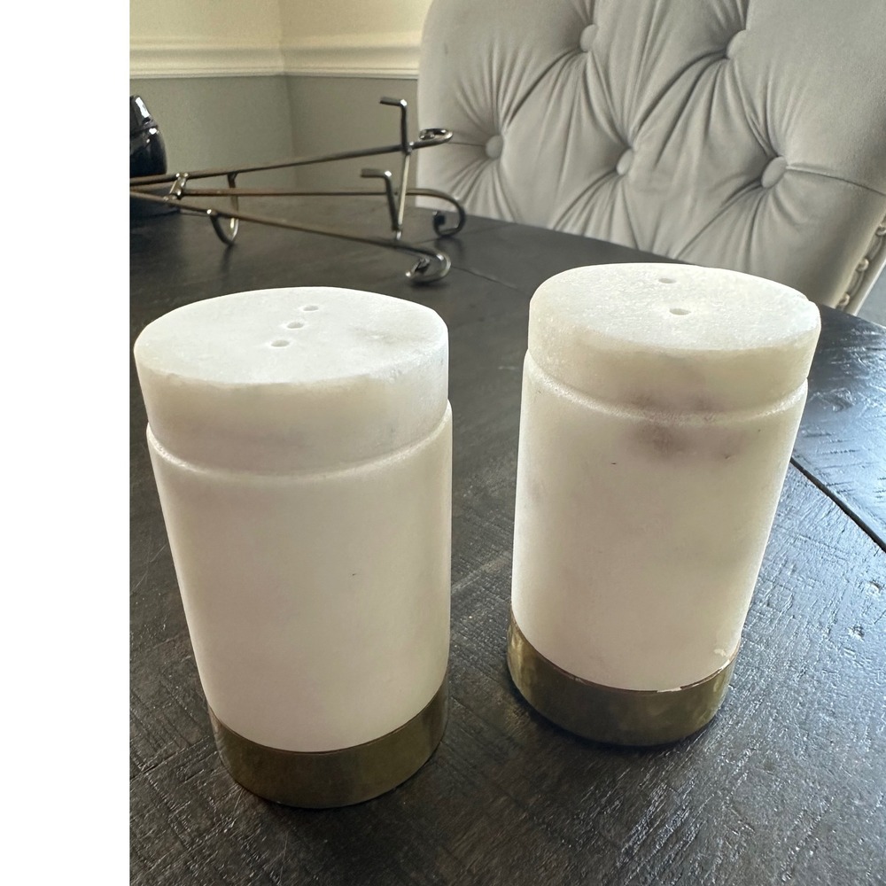 White Marble and Gold Brass Salt and Pepper Shakers Set Modern Minimalist 4inEUC